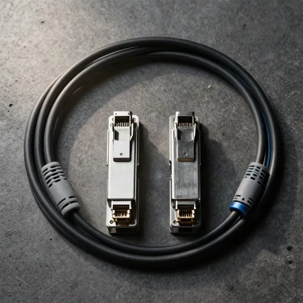 Ovanifrån: fiberkablar, två SFP-moduler och kabelkam på mörk betong.