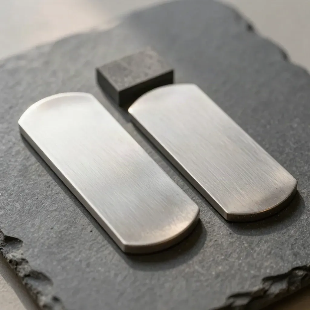 Två anodiserade kontrollbrickor och en grafitkloss tätt uppifrån på mörk sten.
