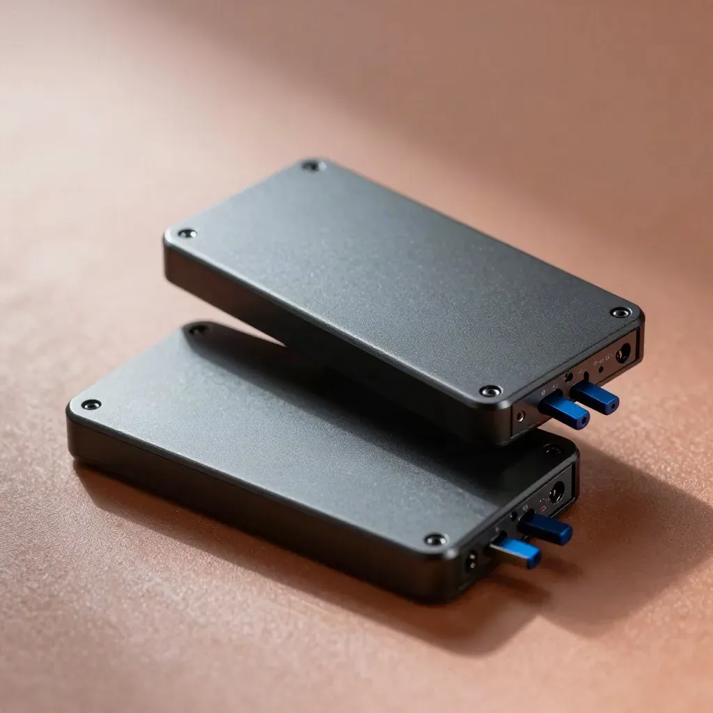 Två externa SSD-enheter i svart aluminium med små distanser på terrakottayta.