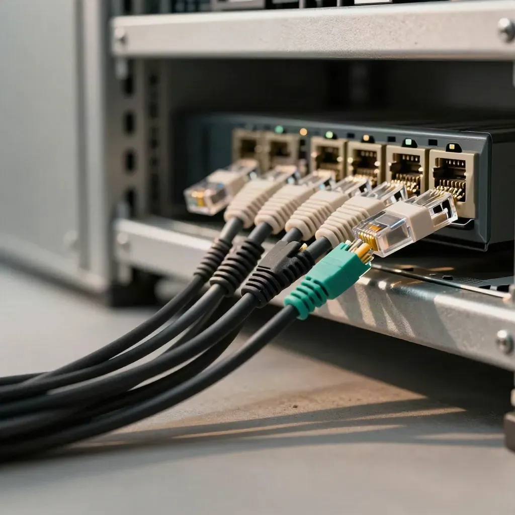 Kabelhärva med RJ45-kontakter och fiberadapter i ett mörkt serverutrymme, i ordnad rörelse