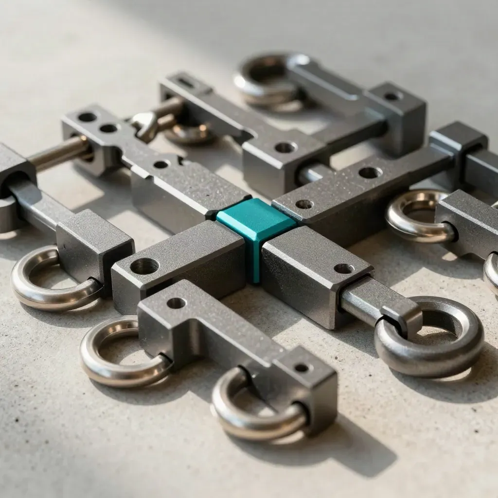 Machineda kopplingsblock, länkar och modulbrygga på ljus betong med teal-accent