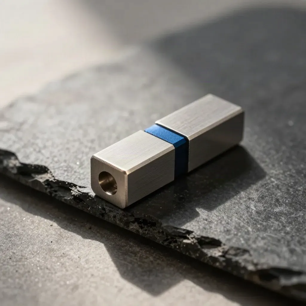 Modulära metallkopplingar och stoppblock på mörk sten med blå accent, sedda ovanifrån.