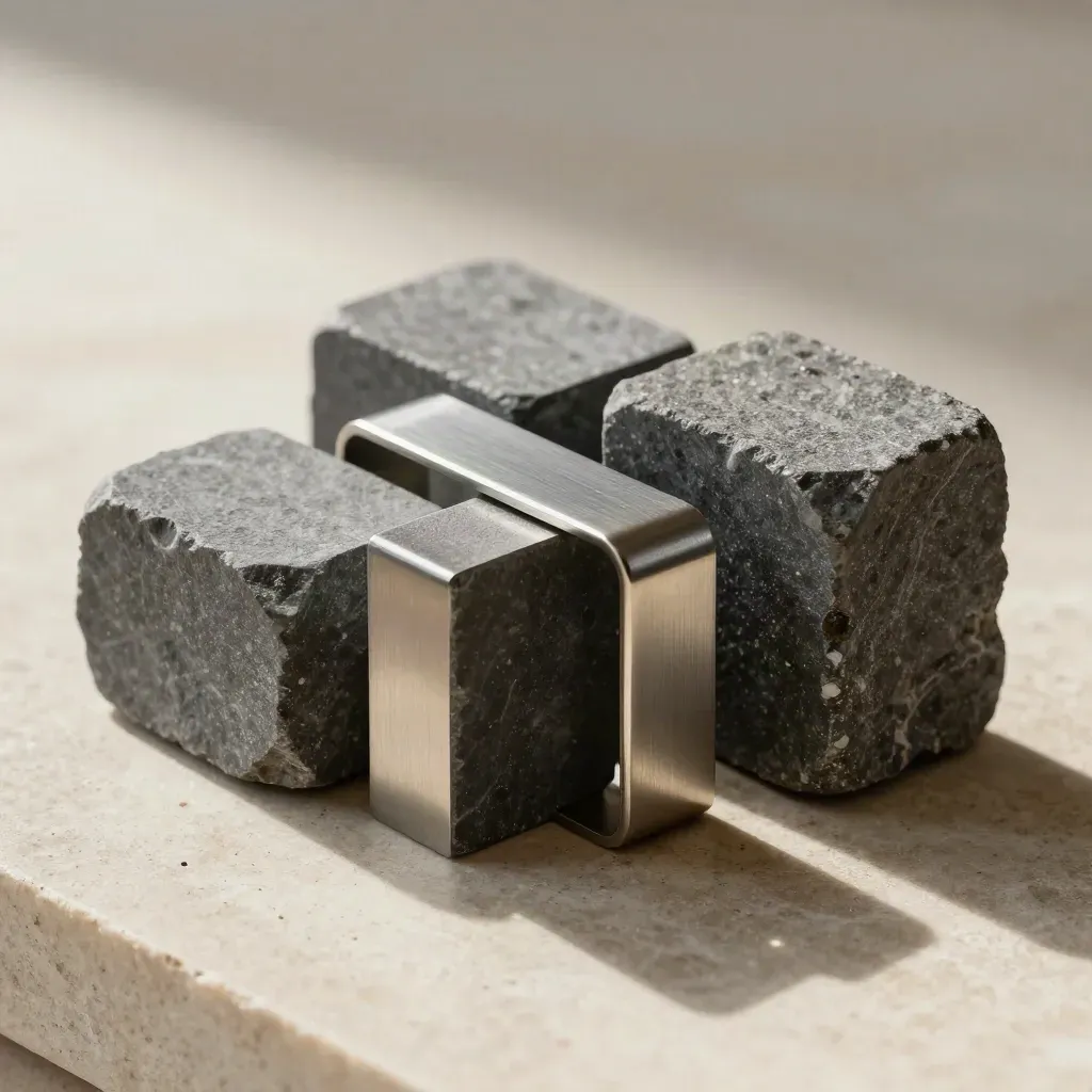 Stenblock, dovetail-pappersvikt och metallspacer i neutral editorial-stillbild